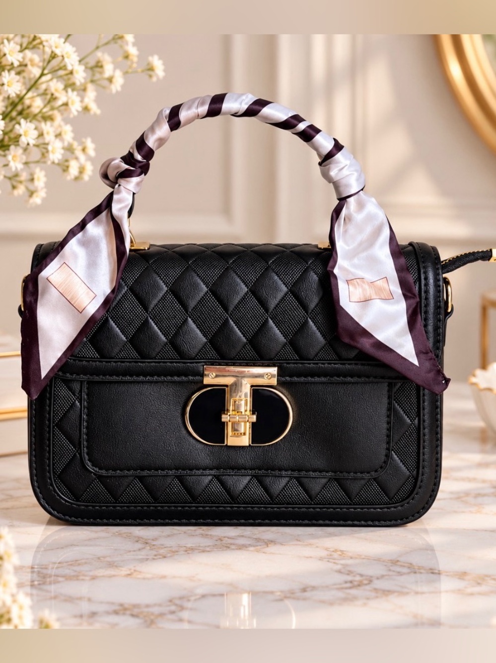 Black Quilted Satchel Crossbody Handbag with Scarf Accent Handle
